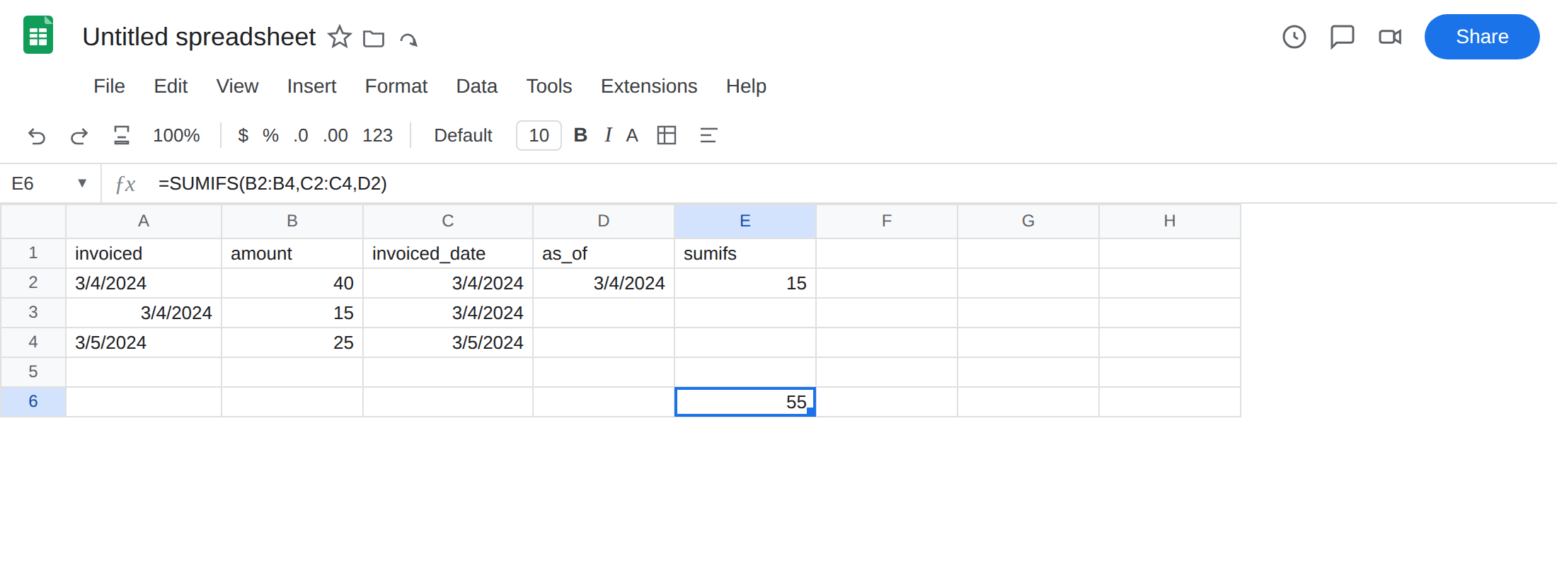 E6 selected. Formula bar shows =SUMIFS(B2:B4,C2:C4,D2). E6 is 55 with no error triangle. C2:C4 are dates. E2 is still 15.