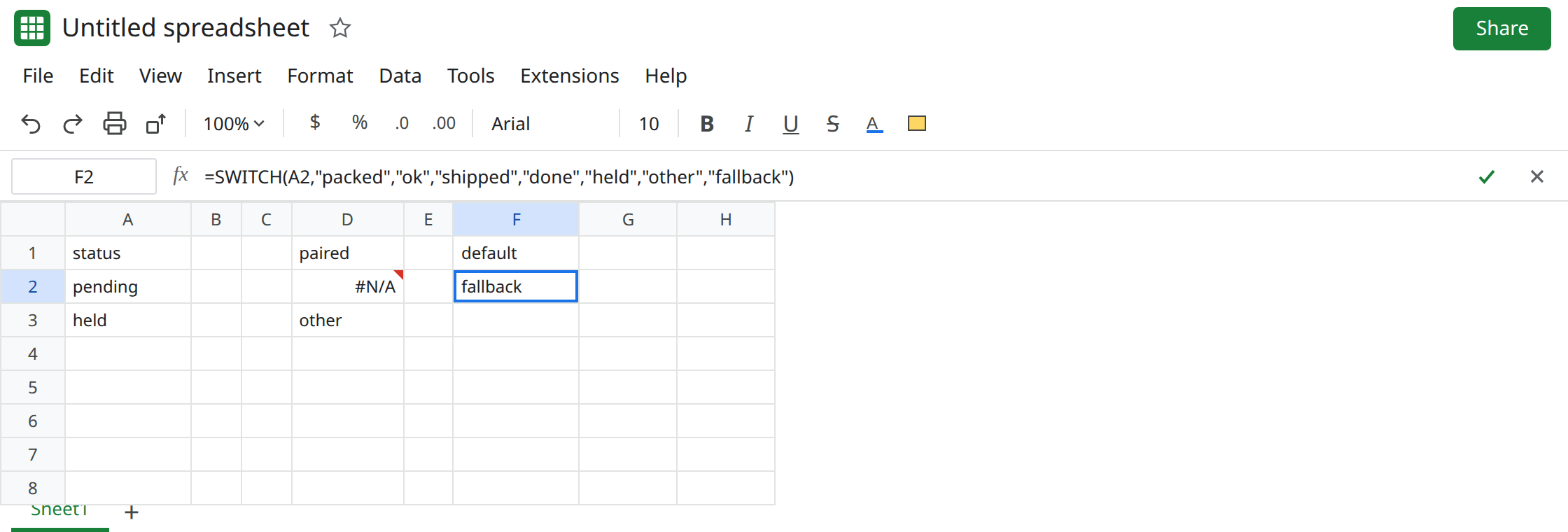 F2 selected. Formula bar shows =SWITCH(A2,"packed","ok","shipped","done","held","other","fallback"). F2 is fallback. A2 is pending. D2 is still #N/A.