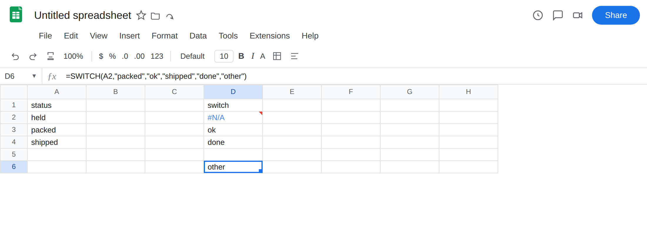 D6 selected. Formula bar shows =SWITCH(A2,"packed","ok","shipped","done","other"). D6 is other with no error triangle. D2 is still #N/A. A2 is held.