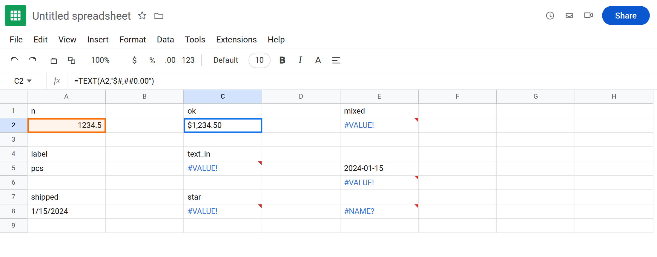 C2 selected. Formula bar shows =TEXT(A2,"$#,##0.00"). C2 is $1,234.50 with no error triangle. C5 is still #VALUE! from pcs. C8 is still #VALUE! from the asterisk pattern. E5 is 2024-01-15 as text.