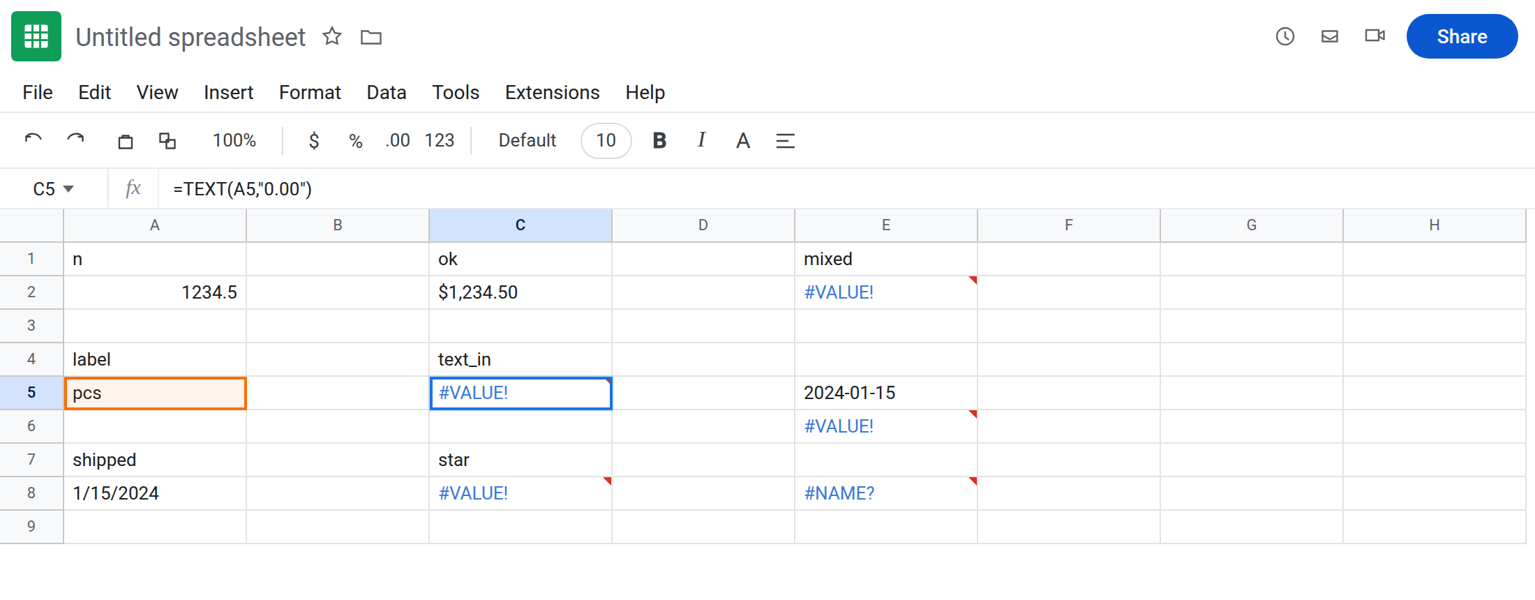 C5 selected. Formula bar shows =TEXT(A5,"0.00"). C5 is #VALUE!. A5 is pcs. C2 is $1,234.50 from TEXT of 1234.5.