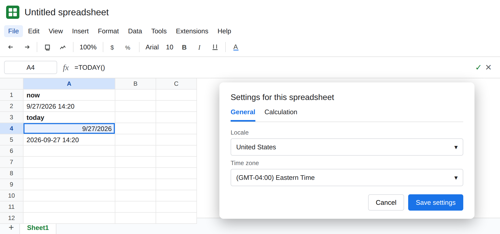 File, Settings is open. Time zone is set. A4 still contains =TODAY(). A5 shows the matching yyyy-mm-dd hh:mm from that zone. Locale is unchanged.