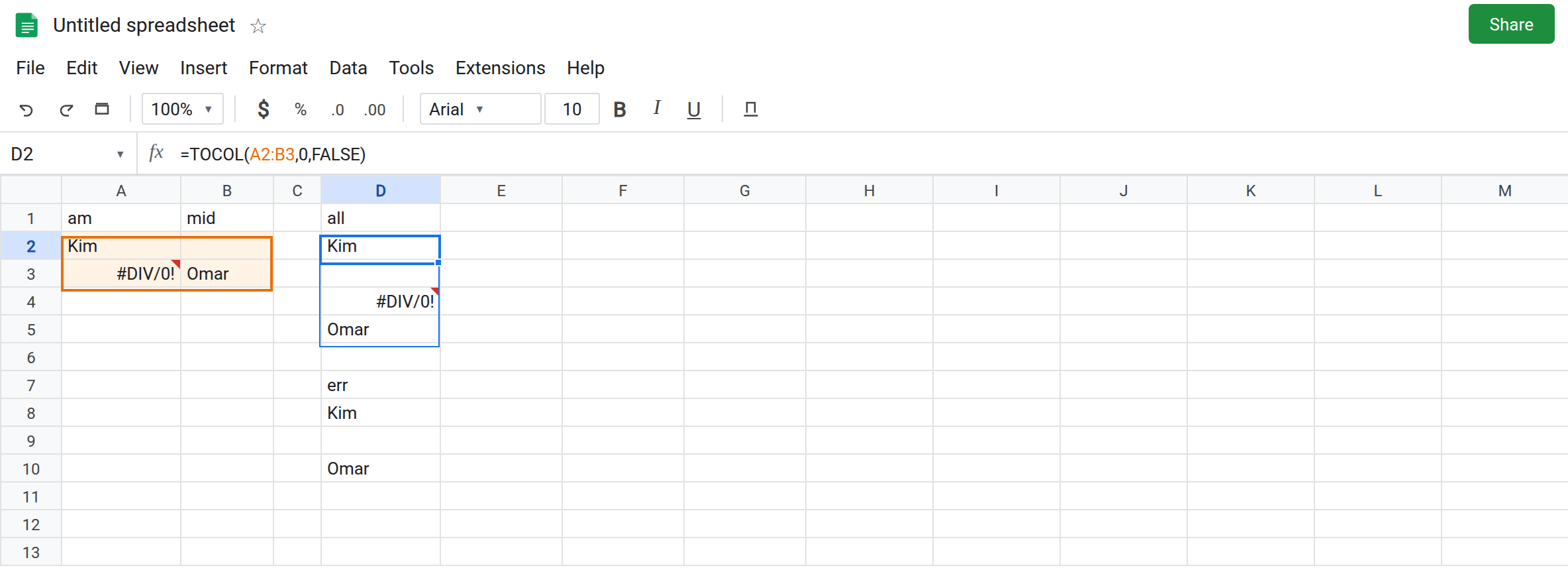 D2 selected. Formula bar shows =TOCOL(A2:B3,0,FALSE). The spill includes #DIV/0! from A3. D8 still omits that error because ignore is 2. A3 is #DIV/0!.