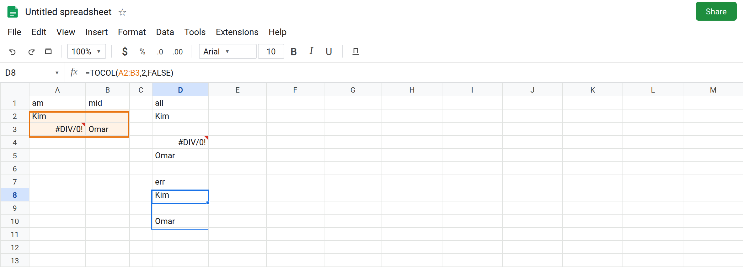 D8 selected. Formula bar shows =TOCOL(A2:B3,2,FALSE). D8:D10 is Kim, blank, Omar. A3 is still #DIV/0!. The error is not in the spill. D2 still shows the #DIV/0! in the stack.