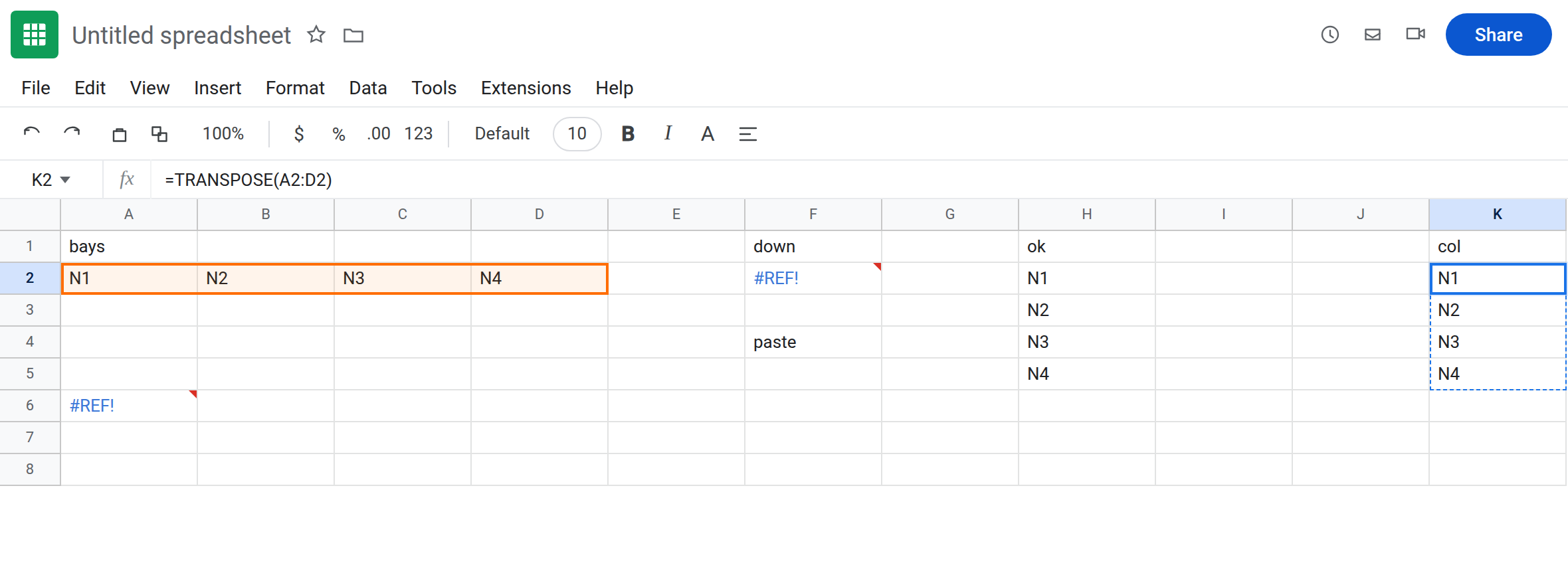 K2 selected. Formula bar shows =TRANSPOSE(A2:D2). K2:K5 is N1 N2 N3 N4 with no error triangle. F2 is still #REF!. F4 is paste. H2 still spills the same four codes.