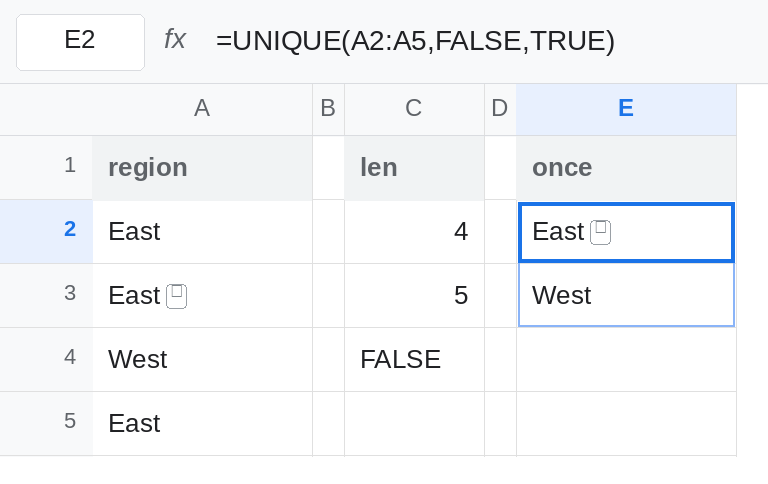 E2 selected. Formula bar shows =UNIQUE(A2:A5,FALSE,TRUE). The spill includes the East that has LEN 5, and West. The clean East is absent. C2 is 4 and C3 is 5. C4 is FALSE.