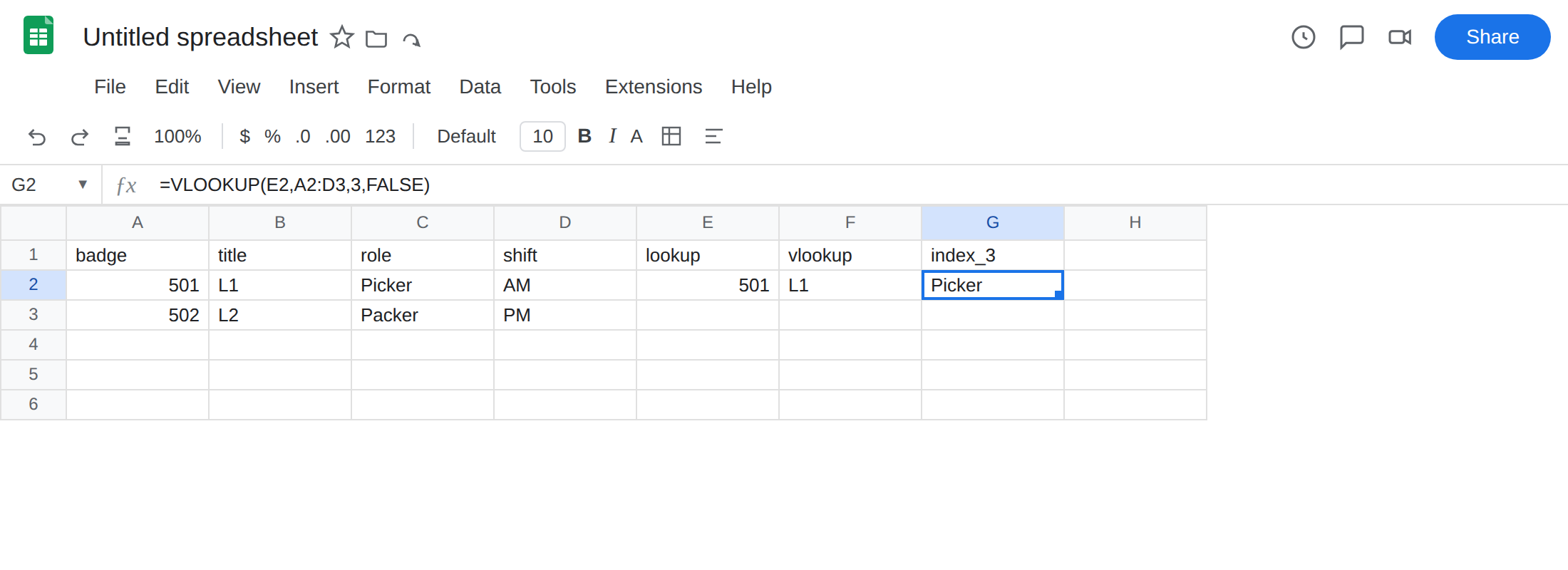 G2 selected. Formula bar shows =VLOOKUP(E2,A2:D3,3,FALSE). G2 is Picker with no error triangle. F2 is still L1.