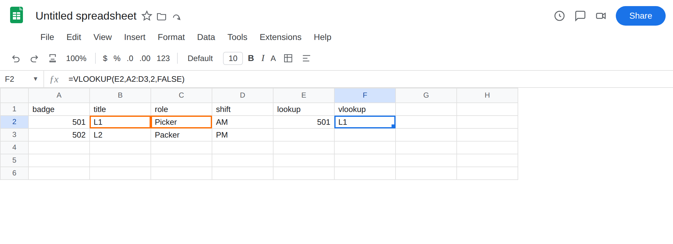 F2 selected. Formula bar shows =VLOOKUP(E2,A2:D3,2,FALSE). F2 is L1 with no error triangle. C2 is Picker. B2 is L1.