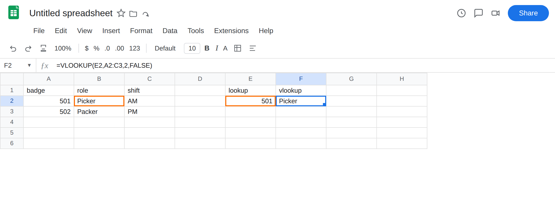 F2 selected. Formula bar shows =VLOOKUP(E2,A2:C3,2,FALSE). F2 is Picker with no error triangle. B2 is role Picker.