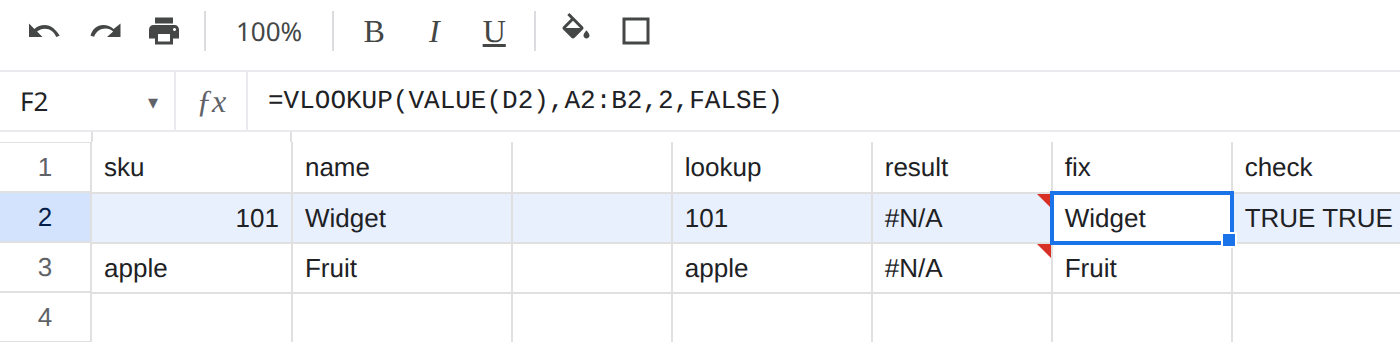 F2 selected. Formula bar shows =VLOOKUP(VALUE(D2),A2:B2,2,FALSE) and F2 is Widget. Column E still shows #N/A. F3 is Fruit.