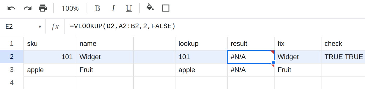 E2 selected. Formula bar shows =VLOOKUP(D2,A2:B2,2,FALSE). E2 is #N/A because A2 is numeric 101 and D2 is text 101.