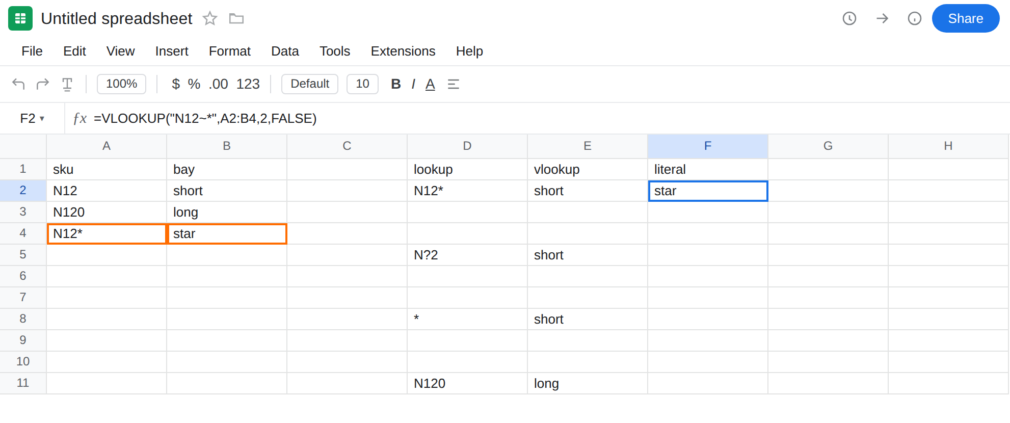 F2 selected. Formula bar shows =VLOOKUP("N12~*",A2:B4,2,FALSE). F2 is star with no error triangle. E2 is still short. A4 is N12*. E11 is long.