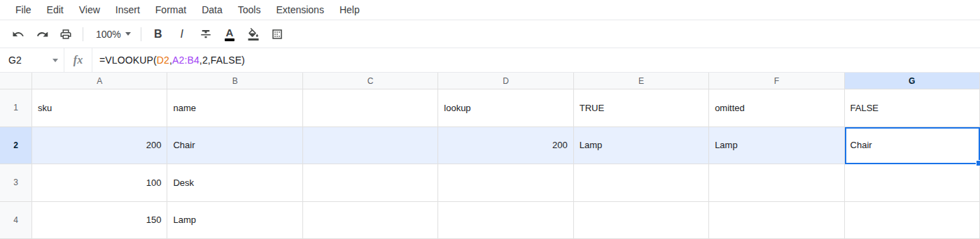 G2 selected. Formula bar shows =VLOOKUP(D2,A2:B4,2,FALSE). G2 is Chair. E2 is still Lamp.