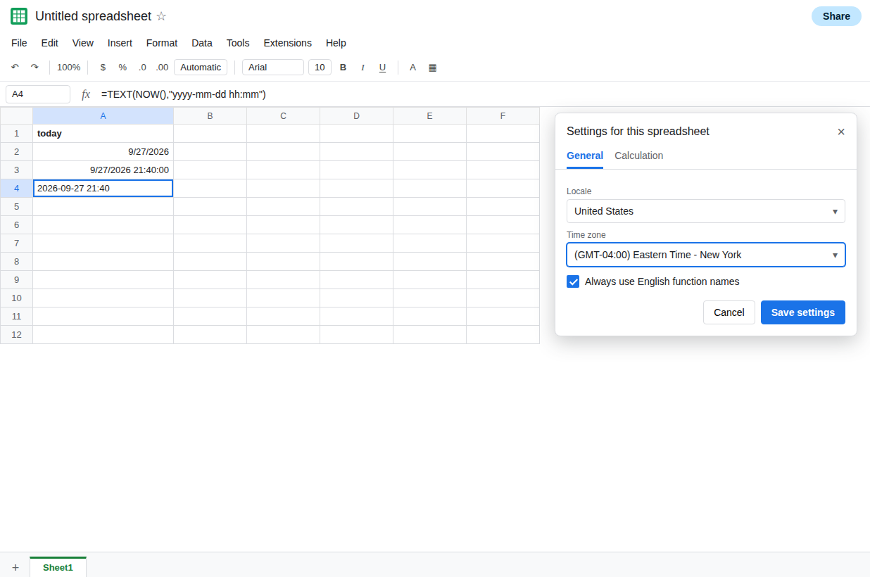 File, Settings, Time zone is the business zone. A2 is still =TODAY(). A4 shows that zone's yyyy-mm-dd hh:mm. The GMT zone is no longer selected.