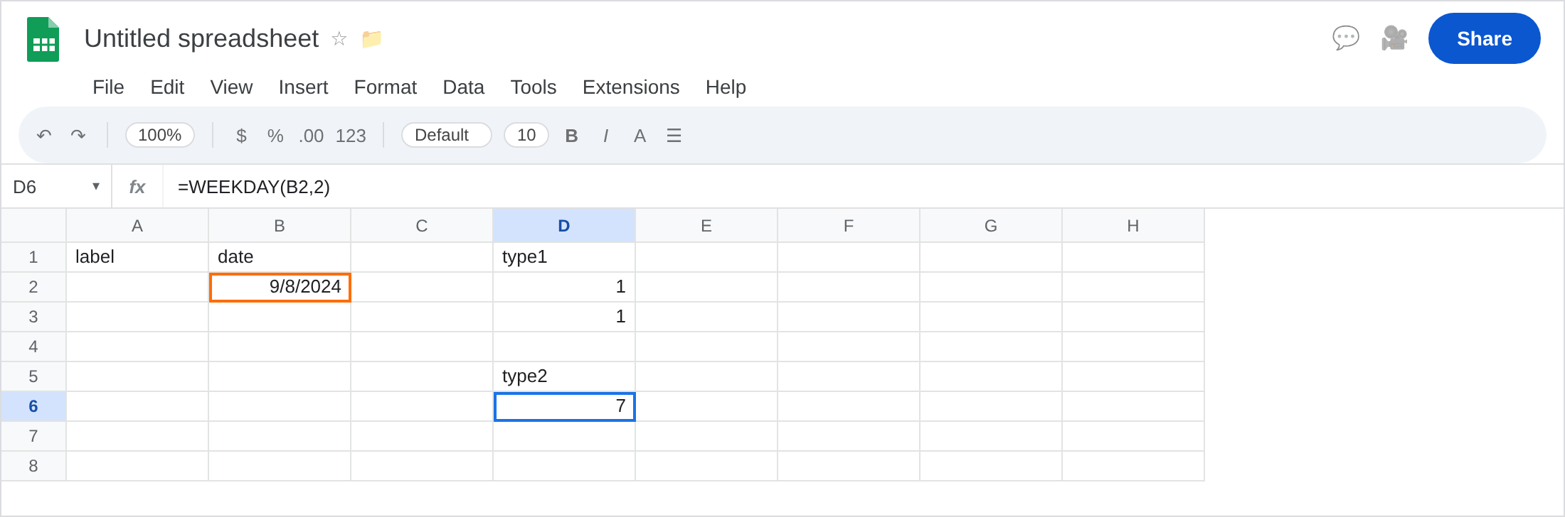 D6 selected. Formula bar shows =WEEKDAY(B2,2). D6 is 7. D2 is 1. B2 is Sunday 9/8/2024.