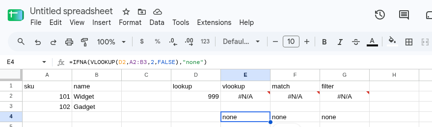 E4 selected. Formula bar shows =IFNA(VLOOKUP(D2,A2:B3,2,FALSE),"none"). E4, F4, and G4 are none. E2, F2, and G2 are still #N/A.