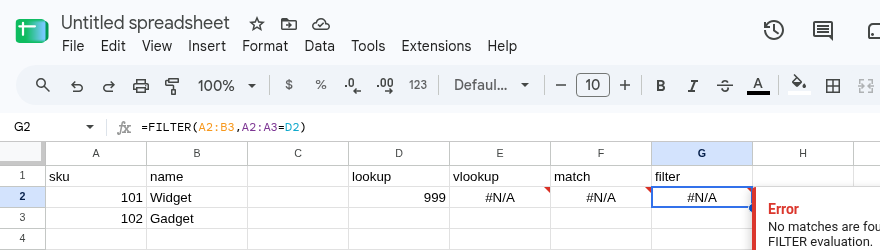 E2, F2, and G2 are #N/A from VLOOKUP, MATCH, and FILTER. D2 is 999. A2:B3 is 101/Widget and 102/Gadget.