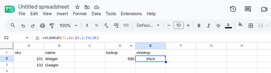 E2 selected. Formula bar shows =VLOOKUP(D2,A2:B3,2,FALSE). E2 is #N/A. Tooltip: Did not find value '999' in VLOOKUP evaluation.