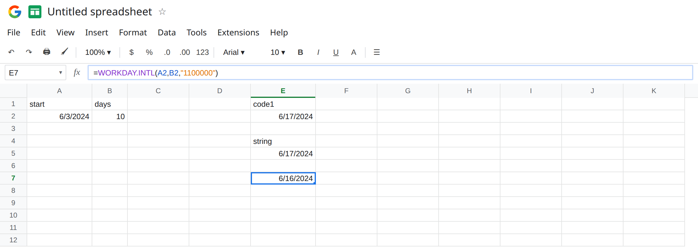E7 selected. Formula bar shows =WORKDAY.INTL(A2,B2,"1100000"). E7 is 6/16/2024. E2 is 6/17/2024 from weekend code 1. E5 is 6/17/2024 from string 0000011. A2 is 6/3/2024. B2 is 10.