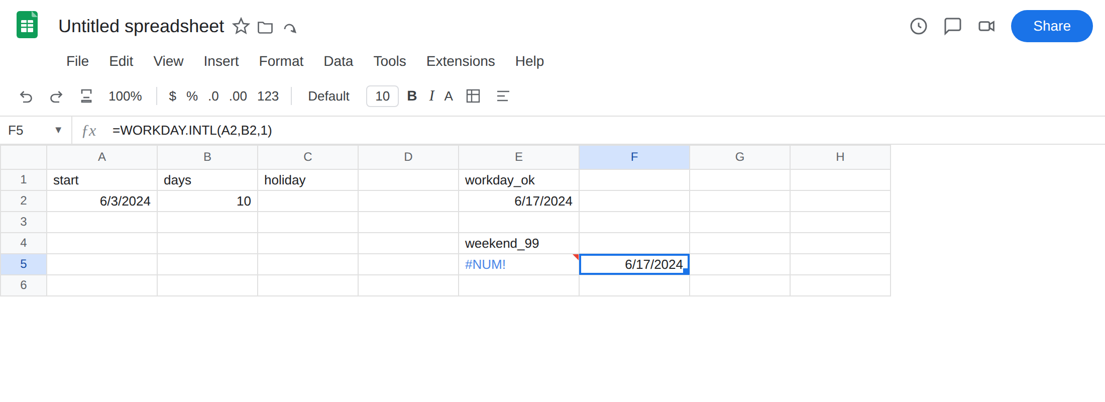 F5 selected. Formula bar shows =WORKDAY.INTL(A2,B2,1). F5 is 6/17/2024 with no error triangle. E5 is still #NUM!.