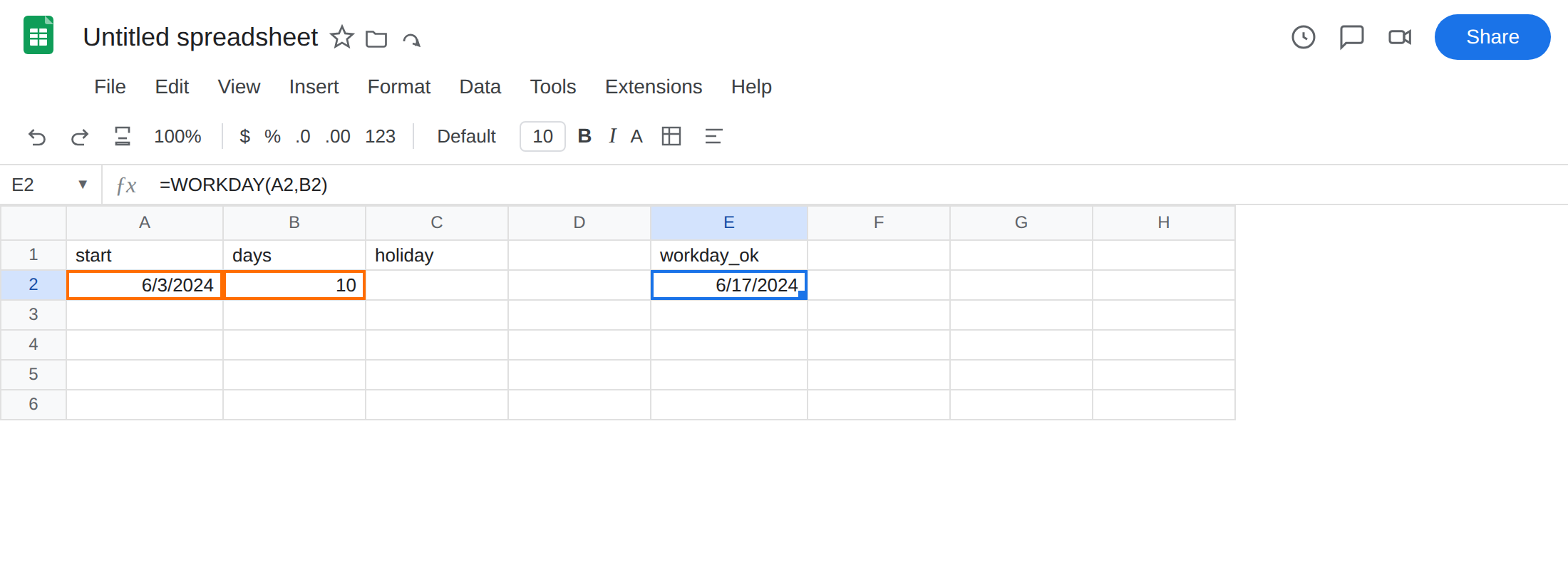 E2 selected. Formula bar shows =WORKDAY(A2,B2). E2 is 6/17/2024 with no error triangle. A2 is 6/3/2024. B2 is 10.