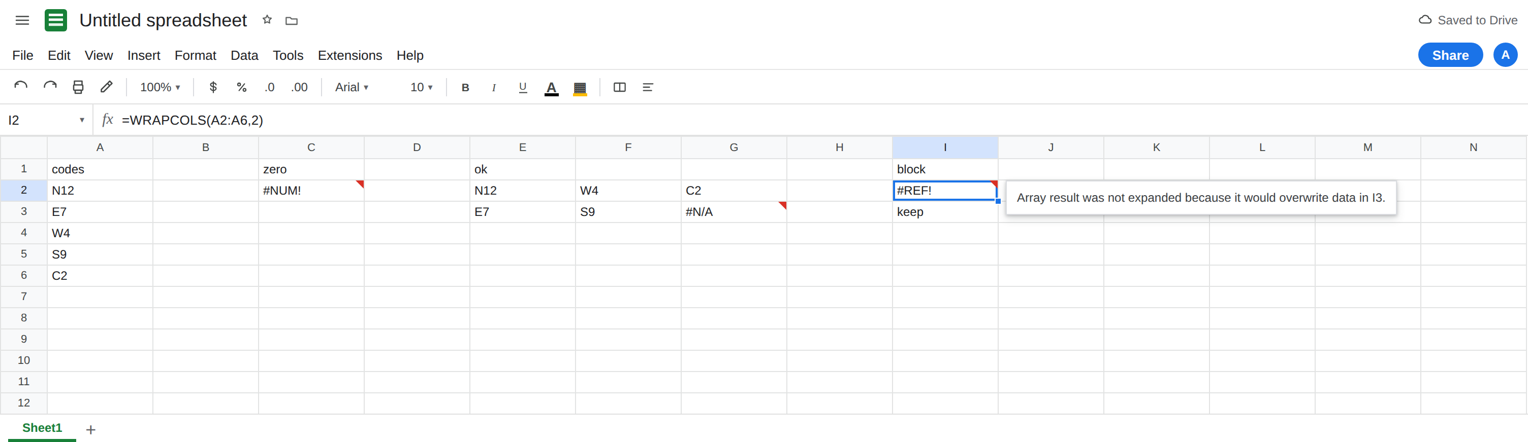 I2 selected. Formula bar shows =WRAPCOLS(A2:A6,2). I2 is #REF!. Tooltip: Array result was not expanded because it would overwrite data in I3. I3 is keep. E2:G3 is the working wrap, with #N/A in G3.