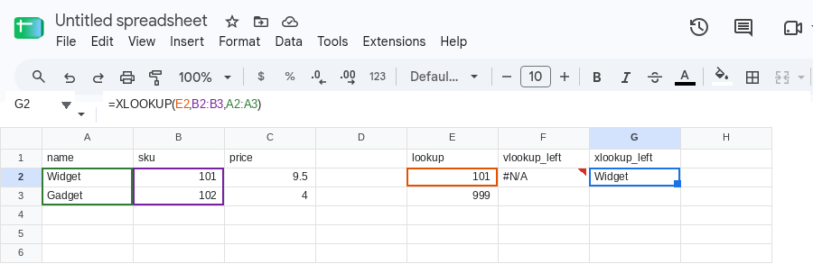 G2 selected. Formula bar shows =XLOOKUP(E2,B2:B3,A2:A3). G2 is Widget. F2 is still #N/A.