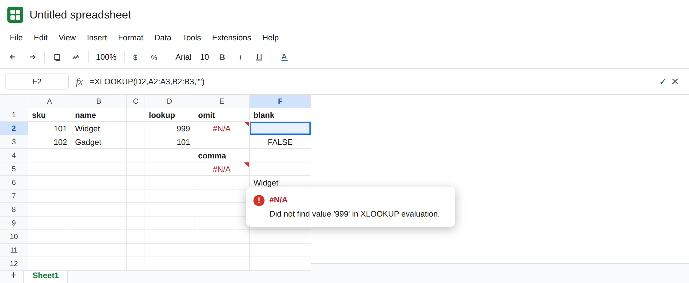 F2 selected. Formula bar shows =XLOOKUP(D2,A2:A3,B2:B3,""). F2 looks empty. F3 is FALSE from ISBLANK. E5 is still #N/A from the trailing comma. F6 is Widget.