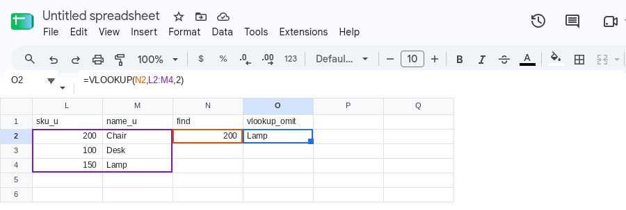 O2 selected. Formula bar shows =VLOOKUP(N2,L2:M4,2). O2 is Lamp. Table L:M is unsorted 200/Chair, 100/Desk, 150/Lamp.