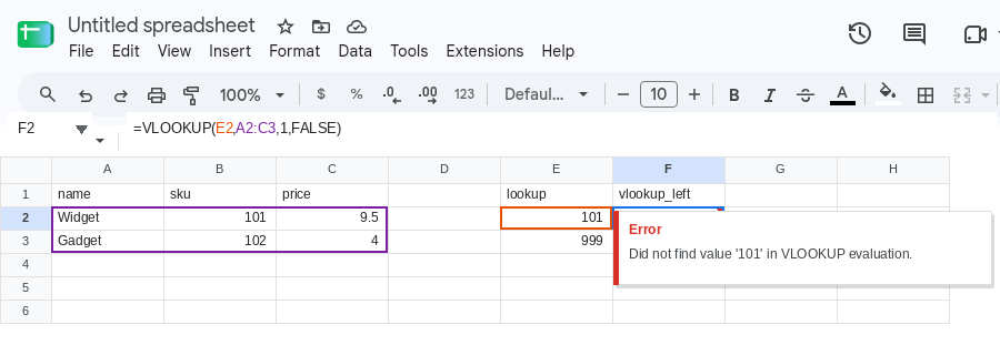 F2 selected. Formula bar shows =VLOOKUP(E2,A2:C3,1,FALSE). F2 is #N/A. Tooltip: Did not find value '101' in VLOOKUP evaluation.