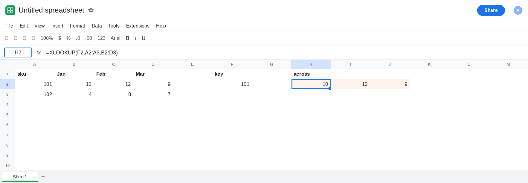 H2 selected. Formula bar shows =XLOOKUP(F2,A2:A3,B2:D3). H2:J2 is 10, 12, 9. H3 is empty. F2 is 101. A2:D3 is the sku and three months. No error triangle.