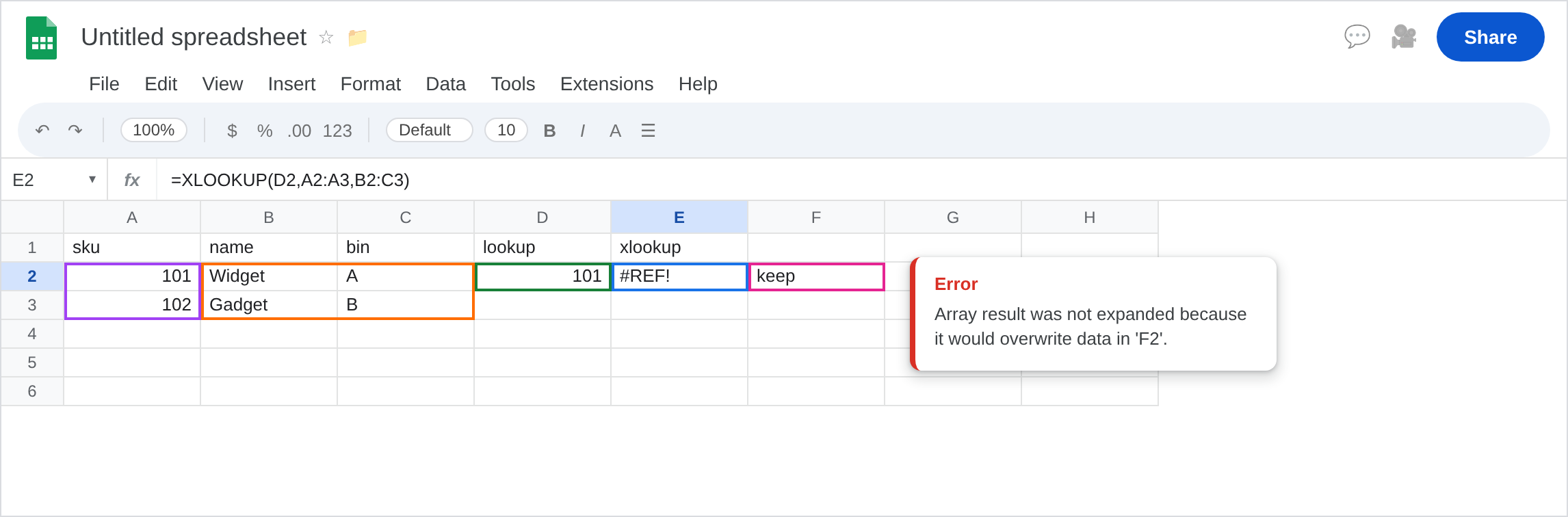 E2 selected. Formula bar shows =XLOOKUP(D2,A2:A3,B2:C3). E2 is #REF!. Tooltip: Array result was not expanded because it would overwrite data in 'F2'. F2 is keep. D2 is 101. B2:C2 is Widget / A.