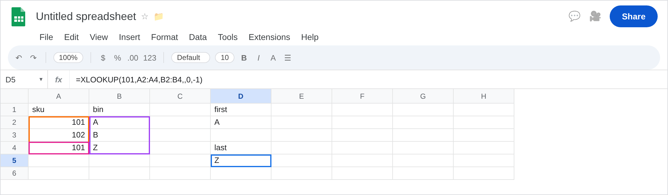 D5 selected. Formula bar shows =XLOOKUP(101,A2:A4,B2:B4,,0,-1). D5 is Z. D2 is A. A2 and A4 are both 101. B2 is A. B4 is Z.