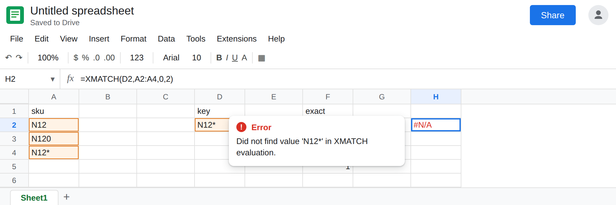 H2 selected. Formula bar shows =XMATCH(D2,A2:A4,0,2). H2 is #N/A or not 3. F5 is 1 from match_mode 2. F2 is 3.