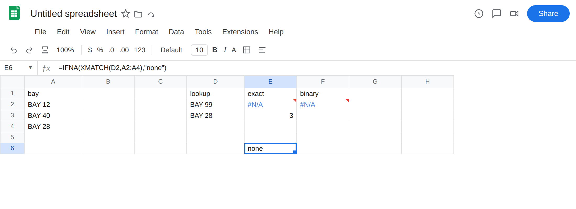 E6 selected. Formula bar shows =IFNA(XMATCH(D2,A2:A4),"none"). E6 is none with no error triangle. E2 is still #N/A. E3 is 3.
