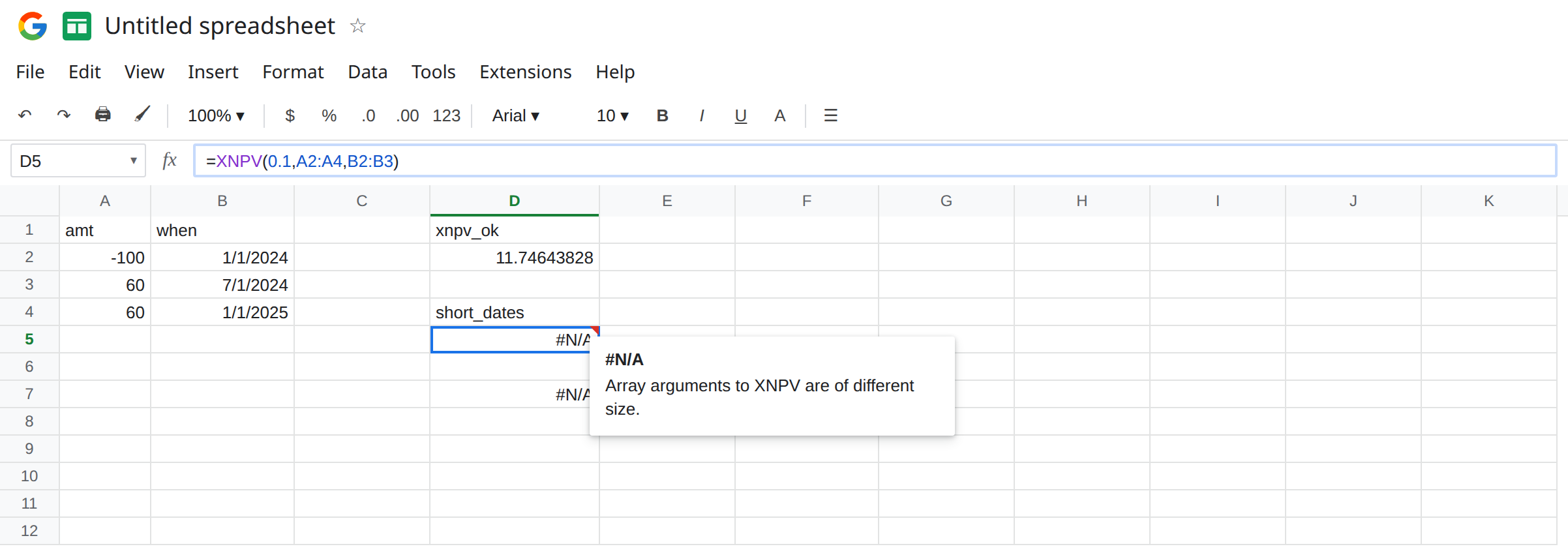 D5 selected. Formula bar shows =XNPV(0.1,A2:A4,B2:B3). D5 is an error. Tooltip is about range size. D2 is a number from XNPV(0.1,A2:A4,B2:B4). A2 is -100. B2:B4 are three dates.